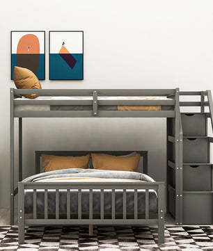 Bunk Beds Twin Over Twin L Shaped Loft Bed Ladder With 3 Storage Grids Easy to Assemble F417 - Lusy Store