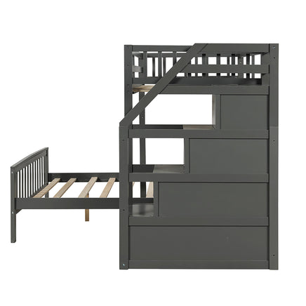 Bunk Beds Twin Over Twin L Shaped Loft Bed Ladder With 3 Storage Grids Easy to Assemble F417