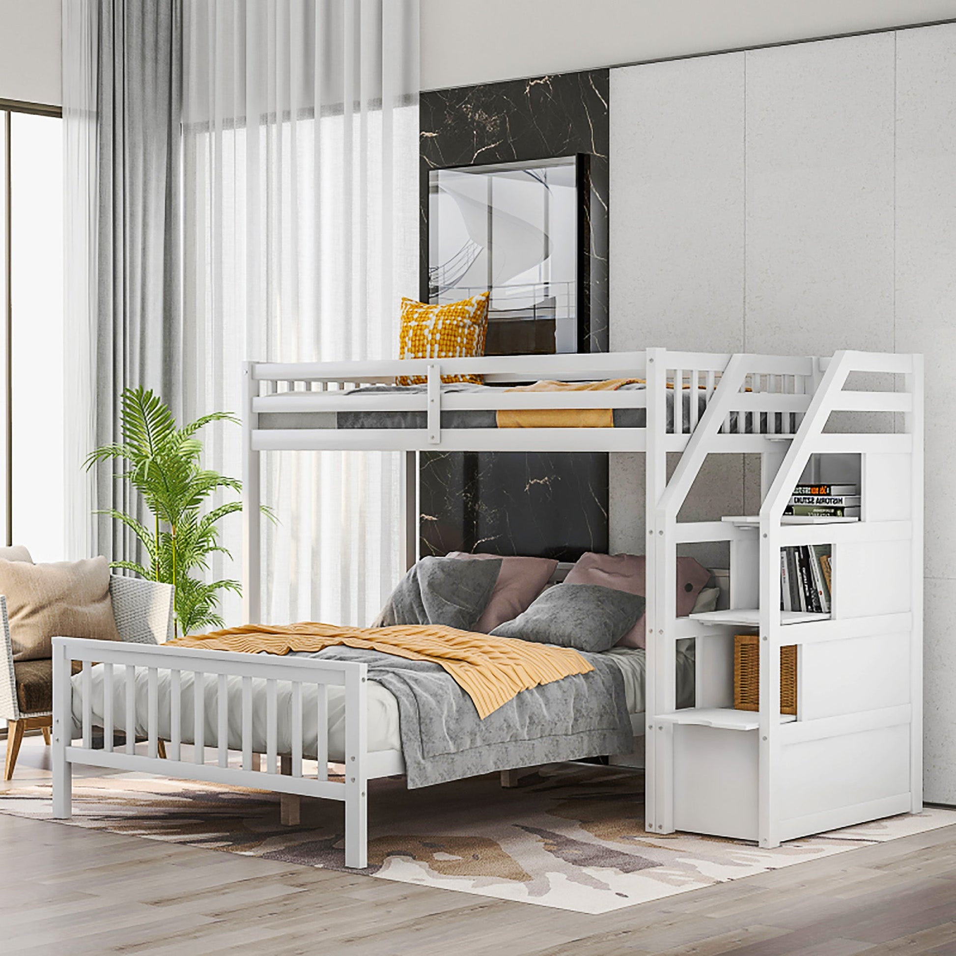 Bunk Beds Twin Over Twin L Shaped Loft Bed Ladder With 3 Storage Grids Easy to Assemble F417 - Lusy Store