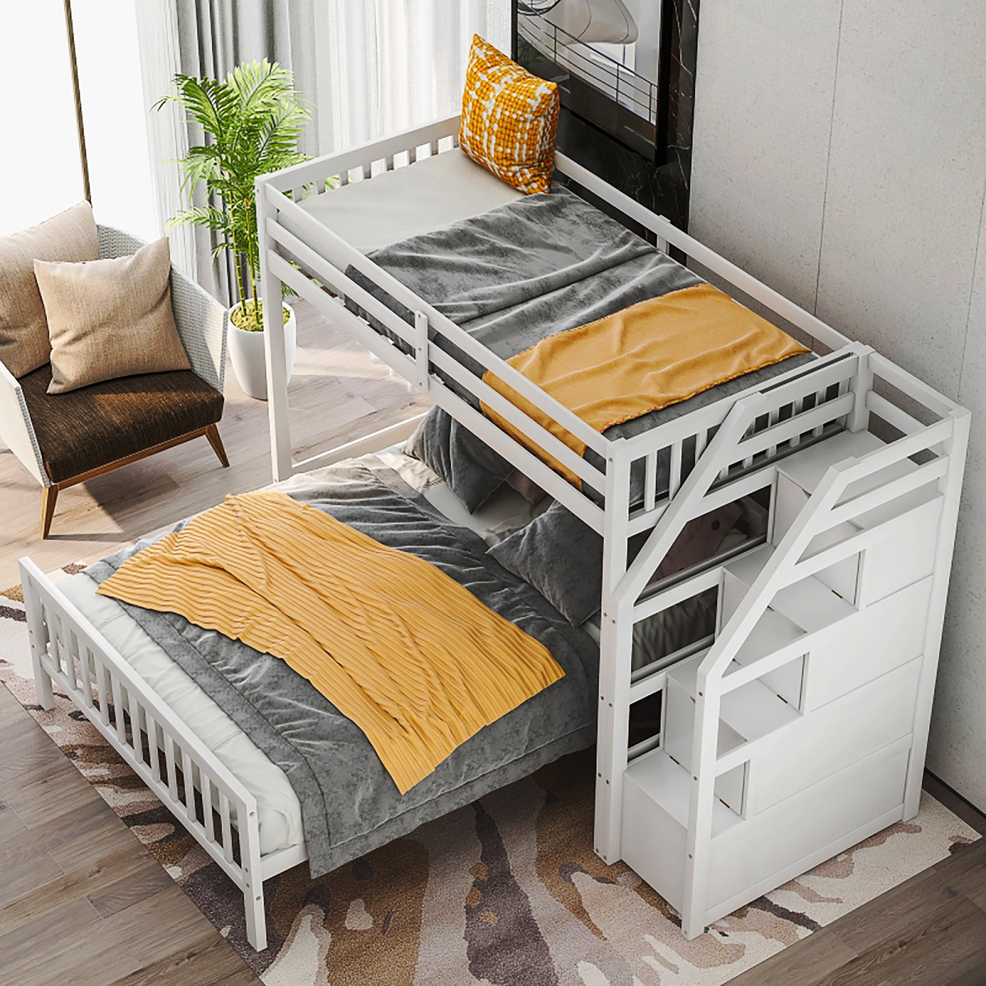 Bunk Beds Twin Over Twin L Shaped Loft Bed Ladder With 3 Storage Grids Easy to Assemble F417 - Lusy Store