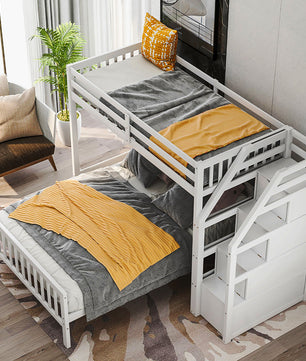 Bunk Beds Twin Over Twin L Shaped Loft Bed Ladder With 3 Storage Grids Easy to Assemble F417 - Lusy Store