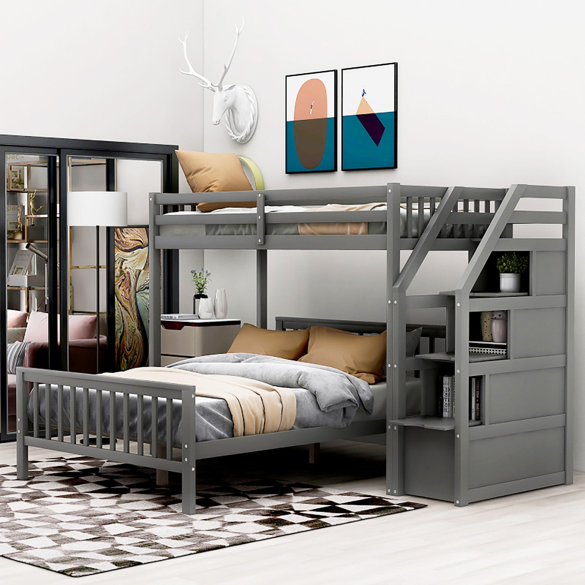 Bunk Beds Twin Over Twin L Shaped Loft Bed Ladder With 3 Storage Grids Easy to Assemble F417 - Lusy Store