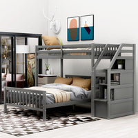 Bunk Beds Twin Over Twin L Shaped Loft Bed Ladder With 3 Storage Grids Easy to Assemble F417 Grey Twin over Full (97.2''L*78.4''W*61.4''H)