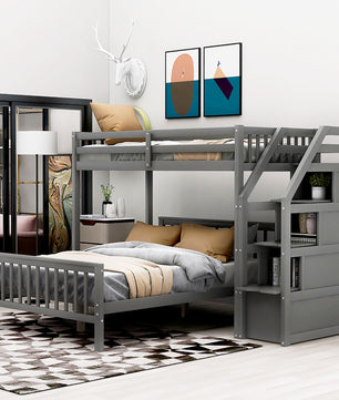 Bunk Beds Twin Over Twin L Shaped Loft Bed Ladder With 3 Storage Grids Easy to Assemble F417 - Lusy Store