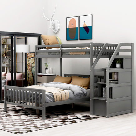Bunk Beds Twin Over Twin L Shaped Loft Bed Ladder With 3 Storage Grids Easy to Assemble F417 Grey Twin over Full (97.2''L*78.4''W*61.4''H)