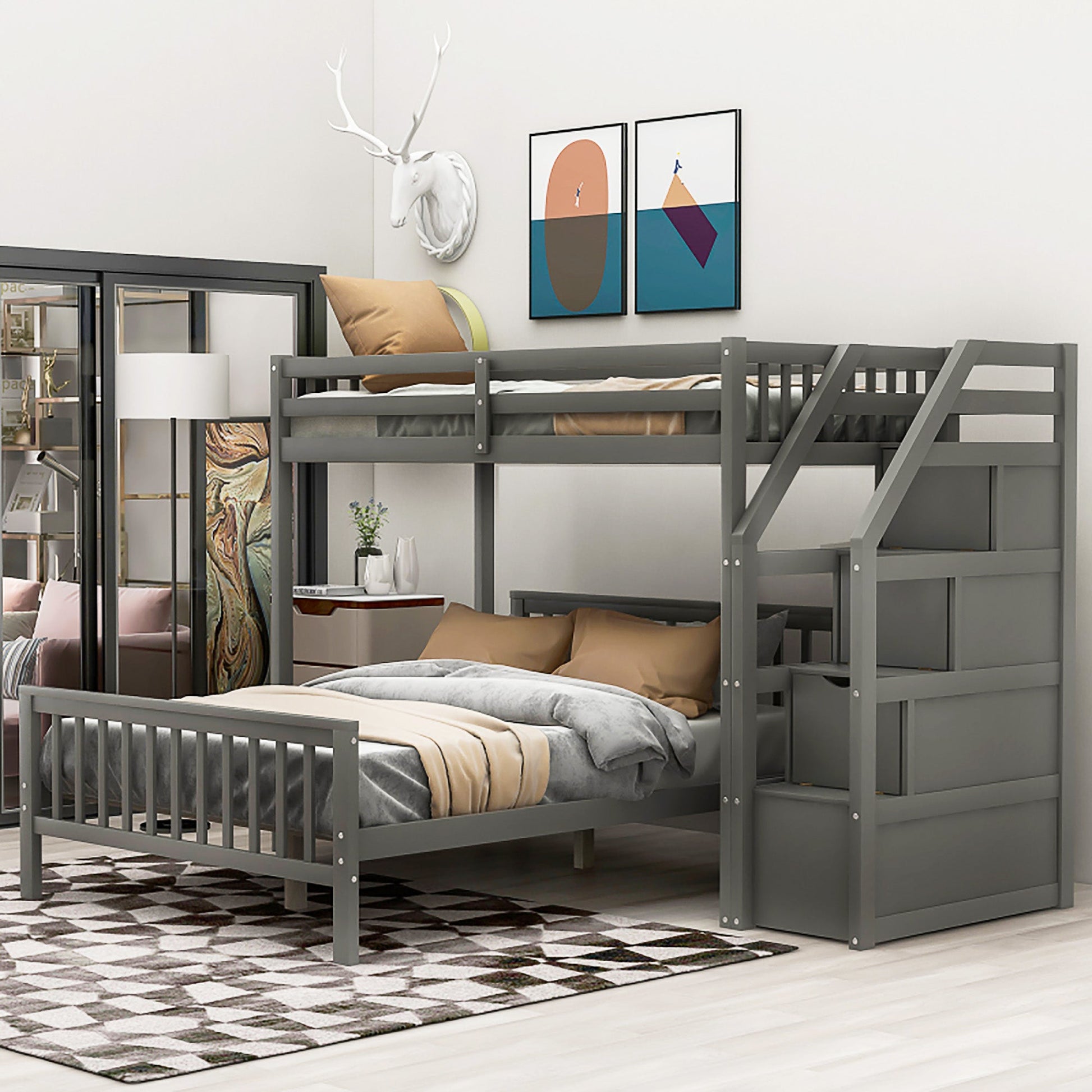 Bunk Beds Twin Over Twin L Shaped Loft Bed Ladder With 3 Storage Grids Easy to Assemble F417 - Lusy Store