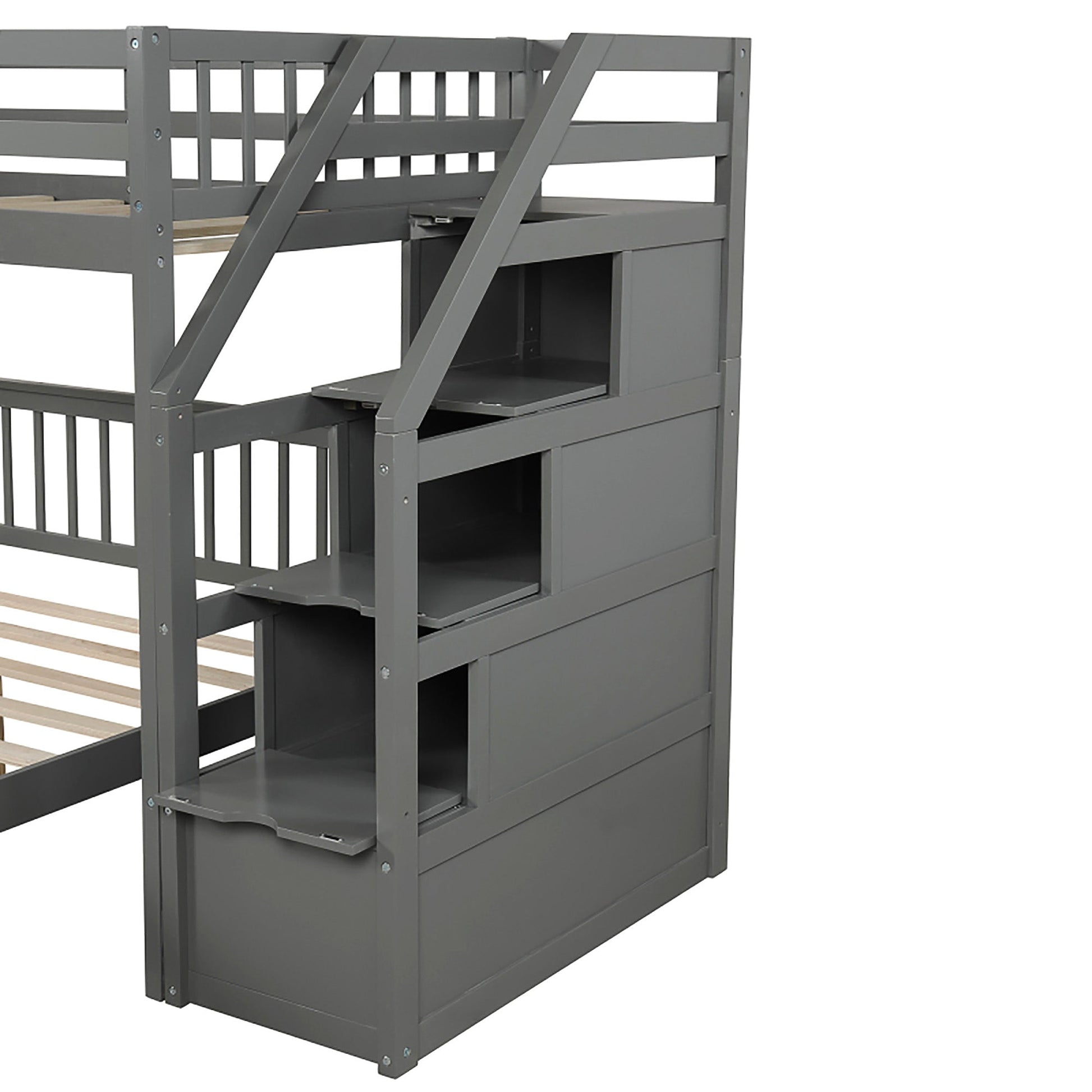 Bunk Beds Twin Over Twin L Shaped Loft Bed Ladder With 3 Storage Grids Easy to Assemble F417 - Lusy Store