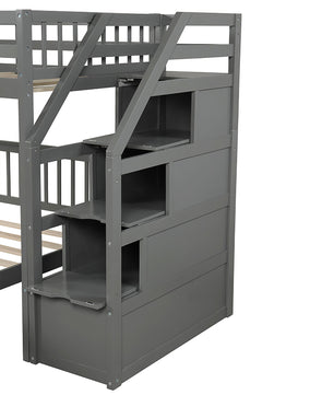 Bunk Beds Twin Over Twin L Shaped Loft Bed Ladder With 3 Storage Grids Easy to Assemble F417 - Lusy Store