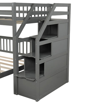 Bunk Beds Twin Over Twin L Shaped Loft Bed Ladder With 3 Storage Grids Easy to Assemble F417