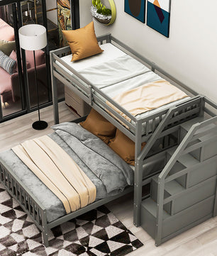 Bunk Beds Twin Over Twin L Shaped Loft Bed Ladder With 3 Storage Grids Easy to Assemble F417 - Lusy Store
