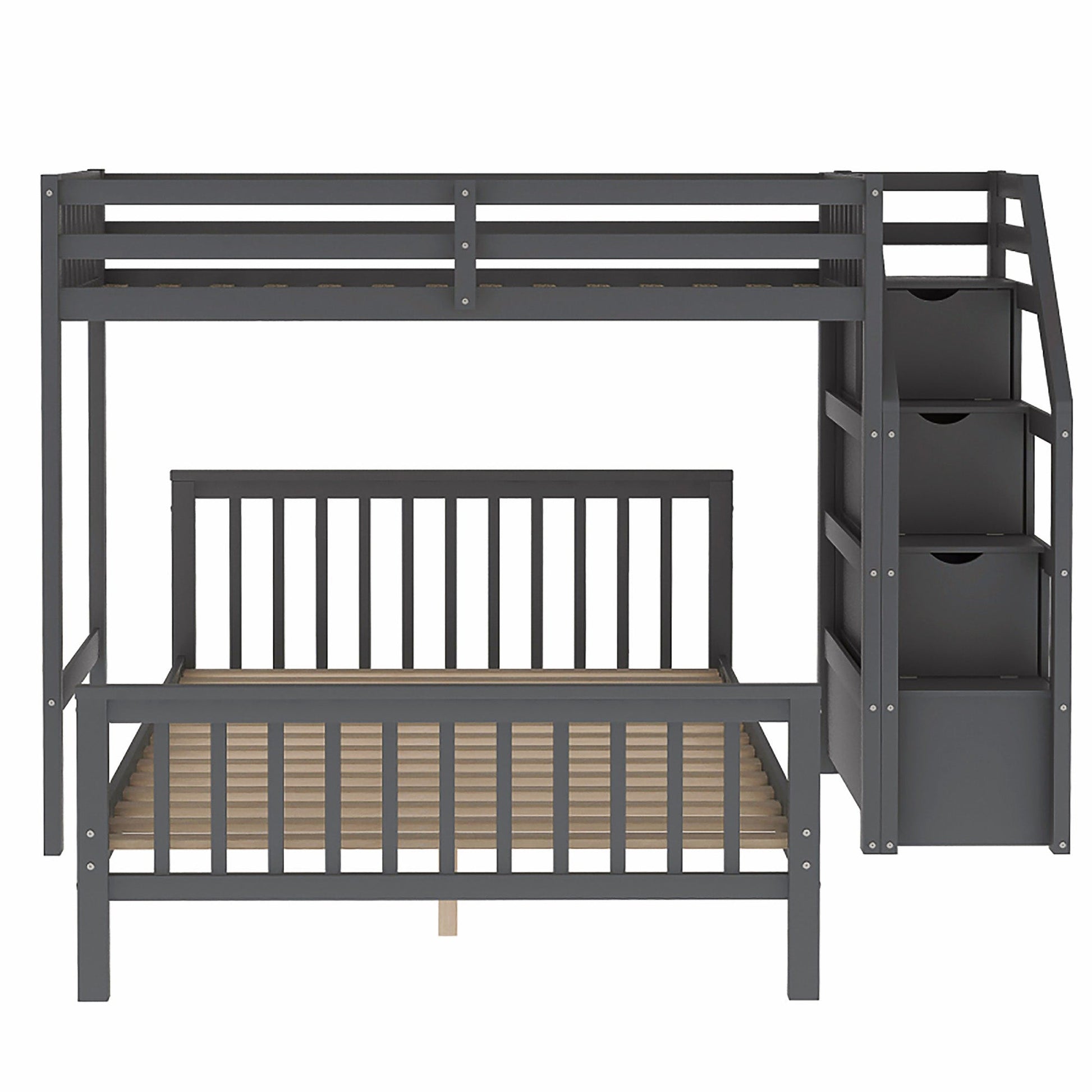 Bunk Beds Twin Over Twin L Shaped Loft Bed Ladder With 3 Storage Grids Easy to Assemble F417 - Lusy Store