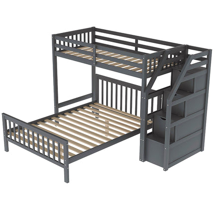Bunk Beds Twin Over Twin L Shaped Loft Bed Ladder With 3 Storage Grids Easy to Assemble F417