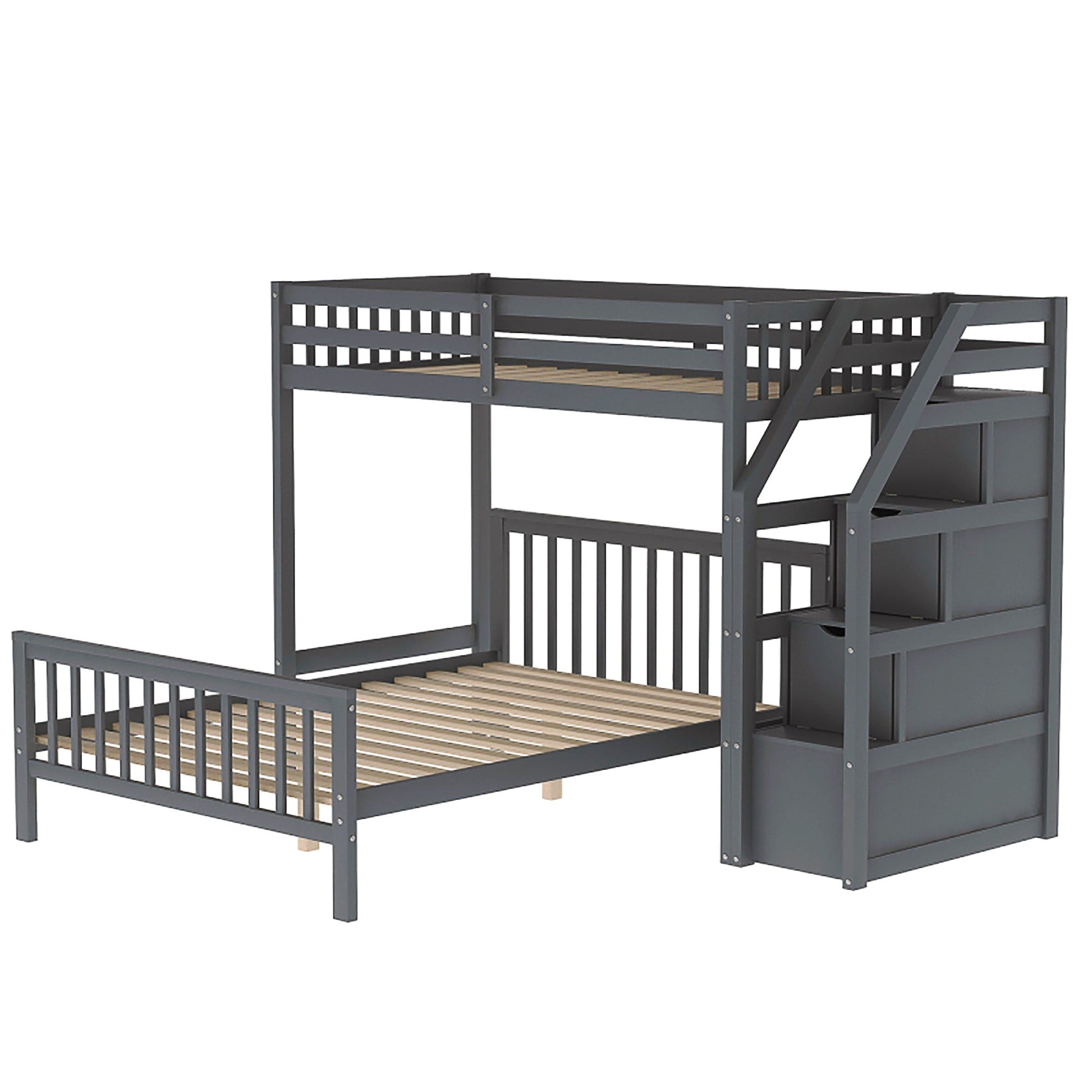 Bunk Beds Twin Over Twin L Shaped Loft Bed Ladder With 3 Storage Grids Easy to Assemble F417 - Lusy Store