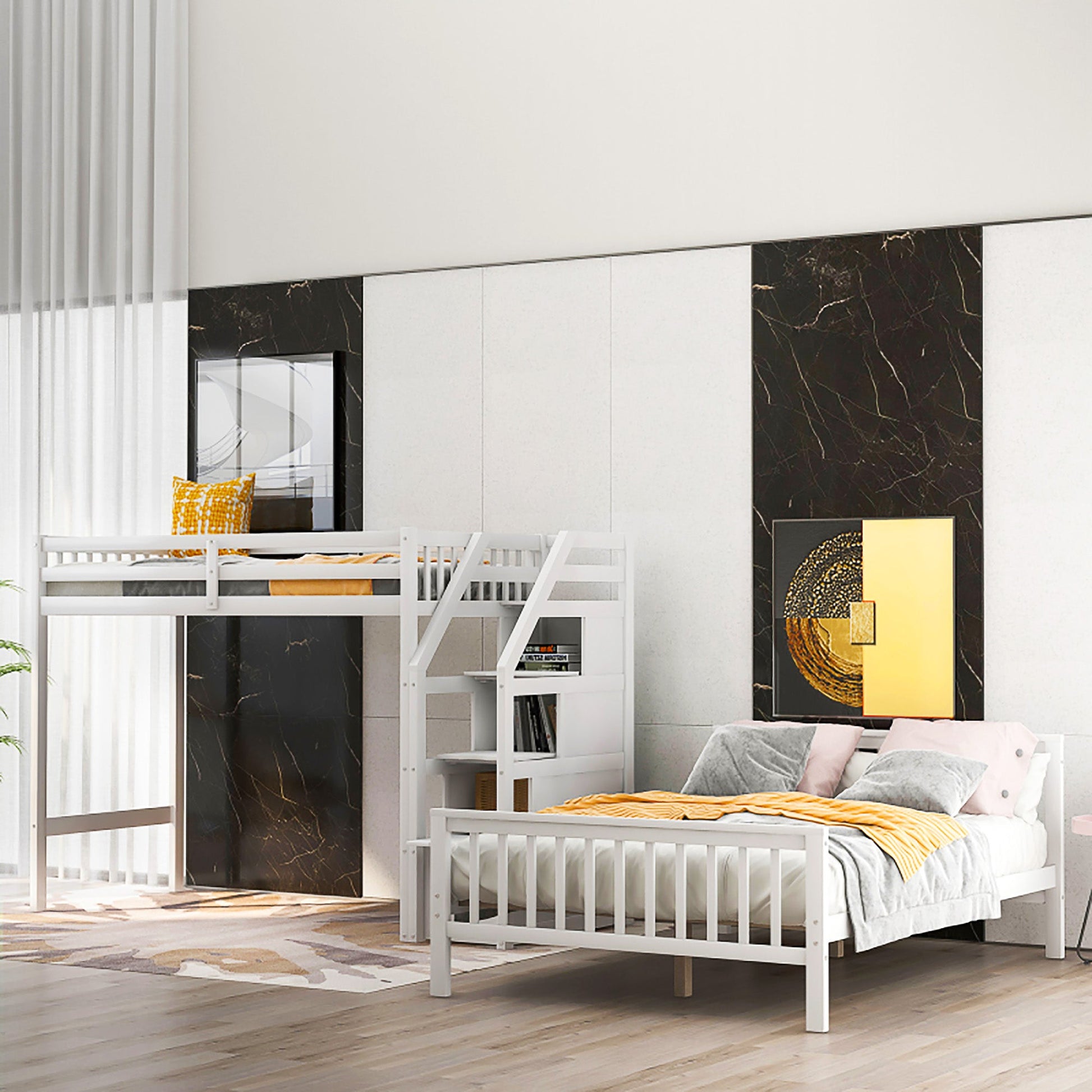 Bunk Beds Twin Over Twin L Shaped Loft Bed Ladder With 3 Storage Grids Easy to Assemble F417 - Lusy Store