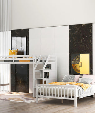Bunk Beds Twin Over Twin L Shaped Loft Bed Ladder With 3 Storage Grids Easy to Assemble F417 - Lusy Store