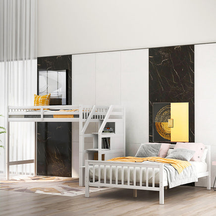 Bunk Beds Twin Over Twin L Shaped Loft Bed Ladder With 3 Storage Grids Easy to Assemble F417