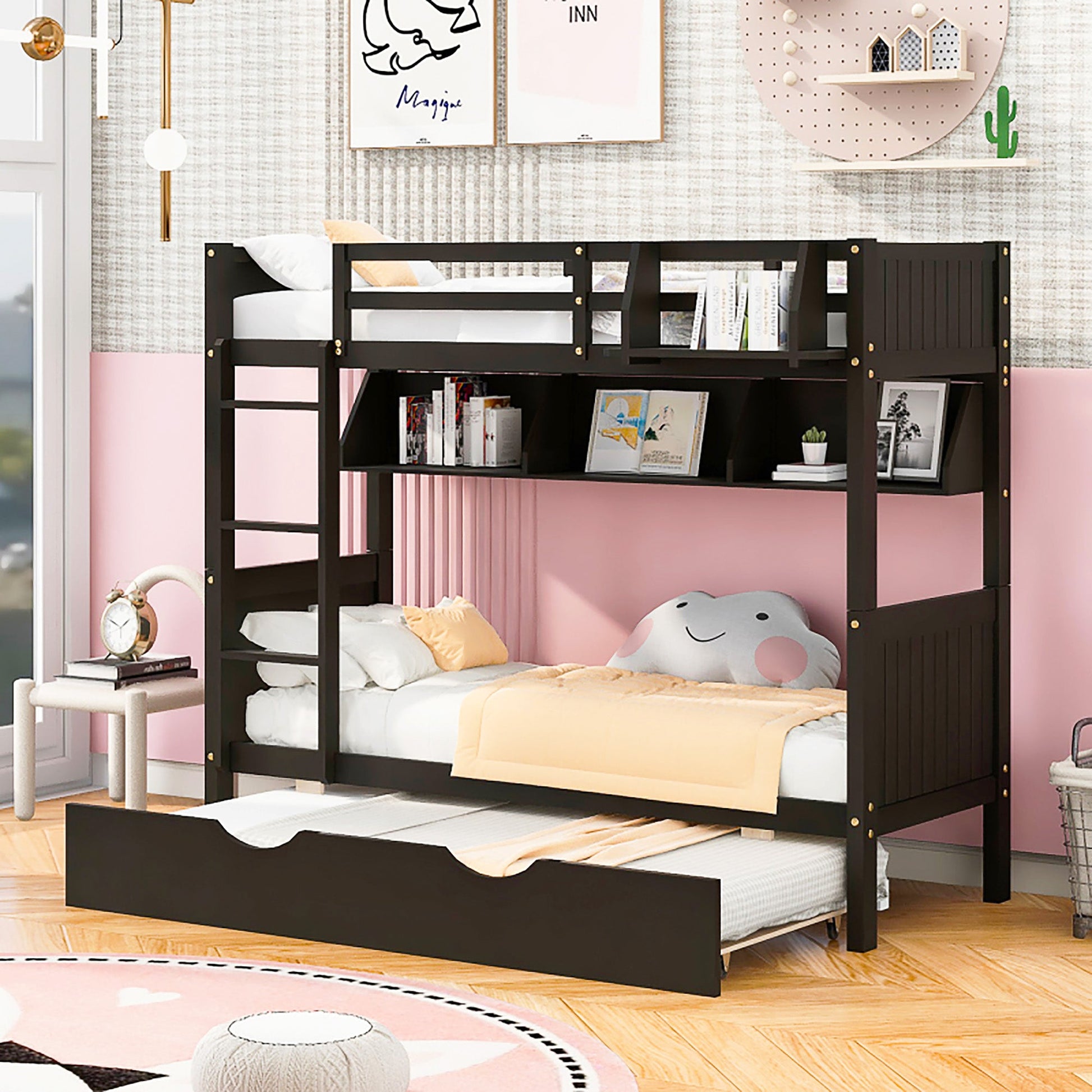 Bunk Beds Twin-Over-Twin With Twin Size Trundle Separable Bunk Bed With Bookshelf F420 - Lusy Store