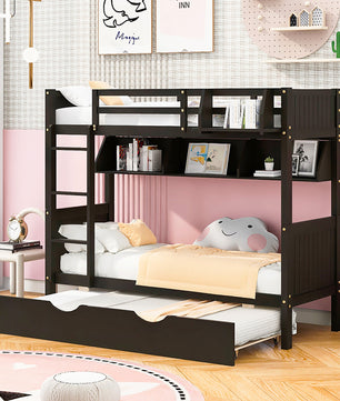 Bunk Beds Twin-Over-Twin With Twin Size Trundle Separable Bunk Bed With Bookshelf F420 - Lusy Store