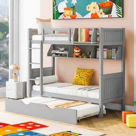 Bunk Beds Twin-Over-Twin With Twin Size Trundle Separable Bunk Bed With Bookshelf F420 - Lusy Store