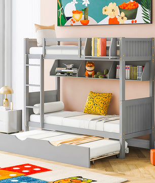 Bunk Beds Twin-Over-Twin With Twin Size Trundle Separable Bunk Bed With Bookshelf F420 - Lusy Store