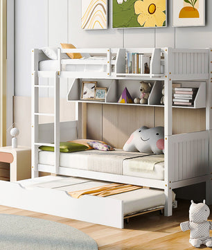 Bunk Beds Twin-Over-Twin With Twin Size Trundle Separable Bunk Bed With Bookshelf F420 - Lusy Store