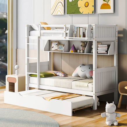 Bunk Beds Twin-Over-Twin With Twin Size Trundle Separable Bunk Bed With Bookshelf F420 - Lusy Store