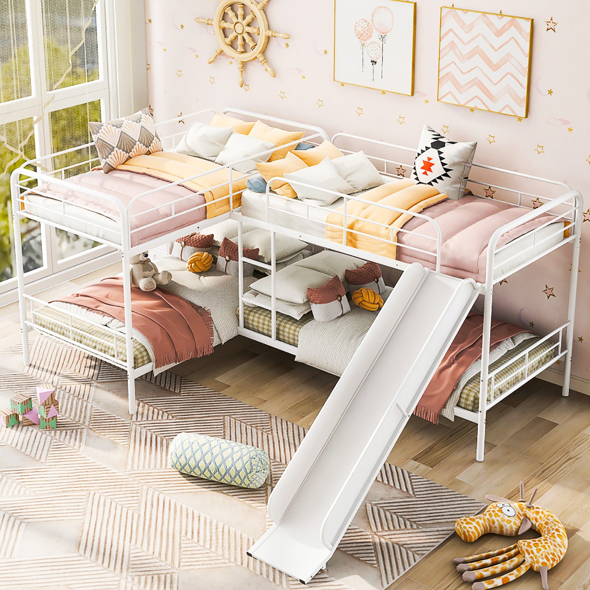 Bunk Beds Twin Size L Shaped With Slide And White Ladder F414 - Lusy Store