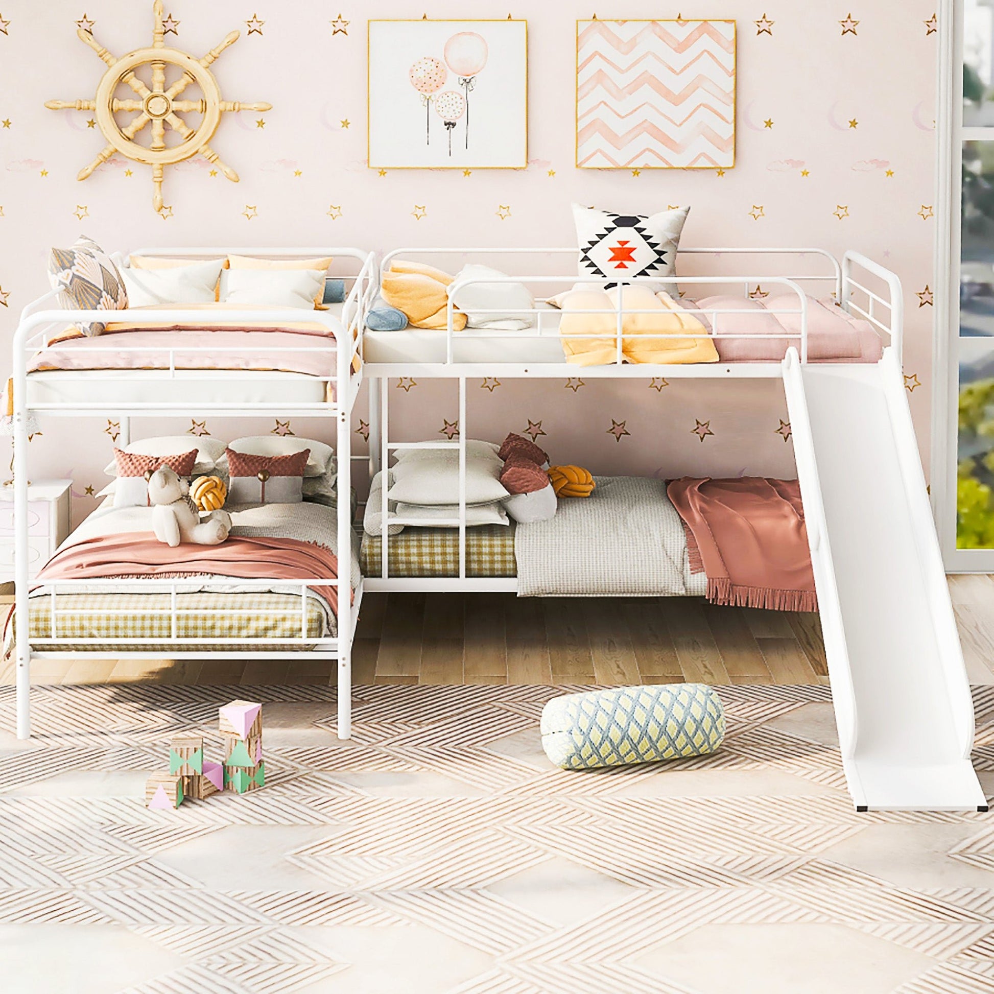 Bunk Beds Twin Size L Shaped With Slide And White Ladder F414 - Lusy Store