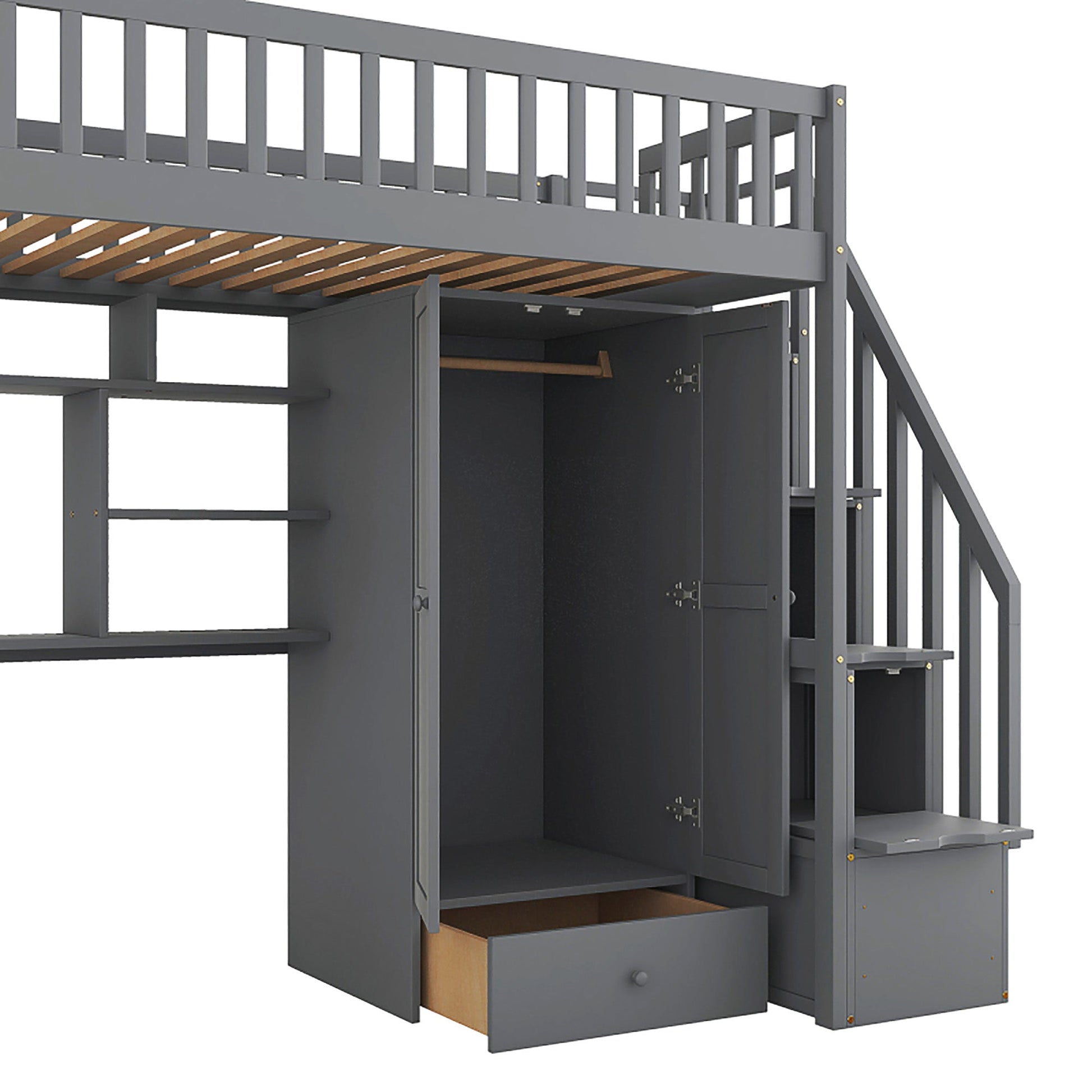 Bunk Beds Twin Size Loft Bed With Bookshelf Drawers Desk And Gray Wardrobe F413 - Lusy Store