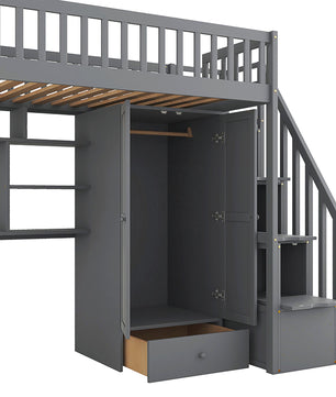 Bunk Beds Twin Size Loft Bed With Bookshelf Drawers Desk And Gray Wardrobe F413 - Lusy Store