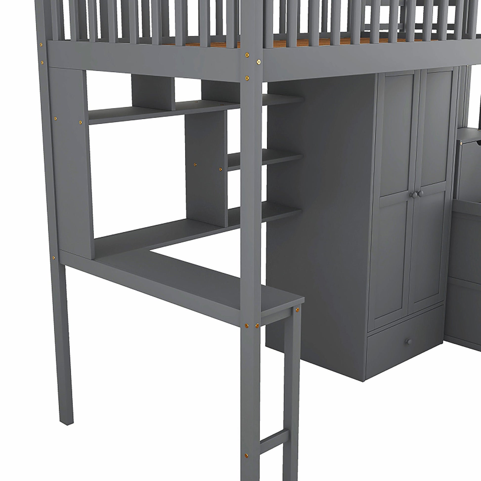 Bunk Beds Twin Size Loft Bed With Bookshelf Drawers Desk And Gray Wardrobe F413 - Lusy Store