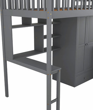 Bunk Beds Twin Size Loft Bed With Bookshelf Drawers Desk And Gray Wardrobe F413 - Lusy Store