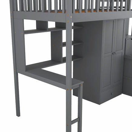 Bunk Beds Twin Size Loft Bed With Bookshelf Drawers Desk And Gray Wardrobe F413 - Lusy Store