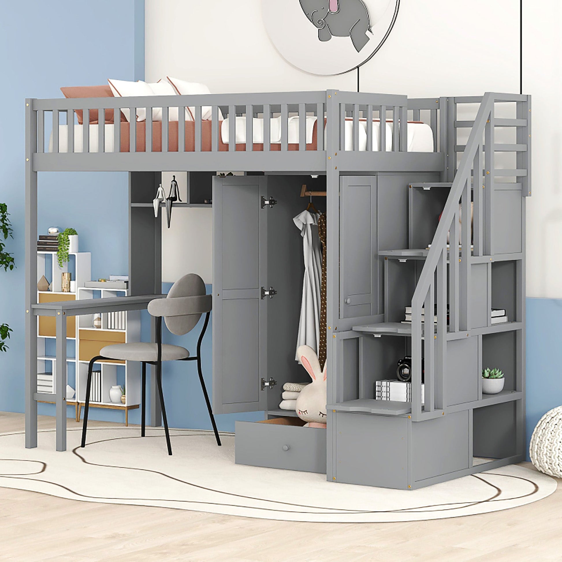 Bunk Beds Twin Size Loft Bed With Bookshelf Drawers Desk And Gray Wardrobe F413 - Lusy Store
