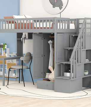 Bunk Beds Twin Size Loft Bed With Bookshelf Drawers Desk And Gray Wardrobe F413 - Lusy Store