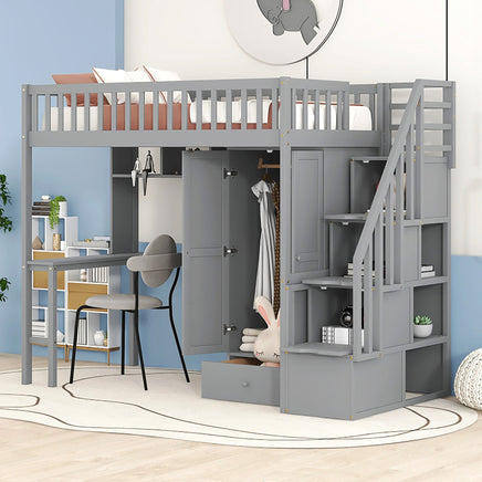 Bunk Beds Twin Size Loft Bed With Bookshelf Drawers Desk And Gray Wardrobe F413 - Lusy Store