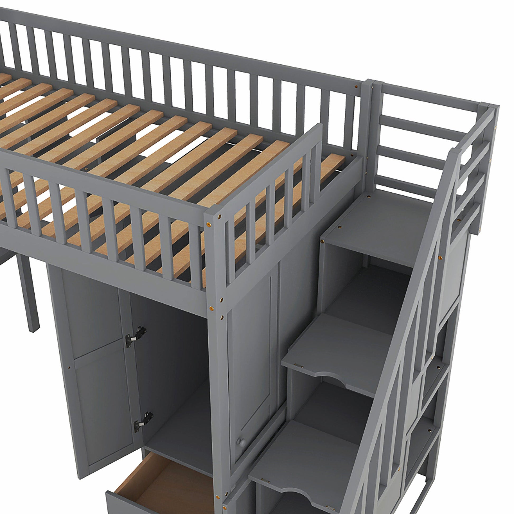 Bunk Beds Twin Size Loft Bed With Bookshelf Drawers Desk And Gray Wardrobe F413 - Lusy Store