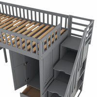 Bunk Beds Twin Size Loft Bed With Bookshelf Drawers Desk And Gray Wardrobe F413 - Lusy Store