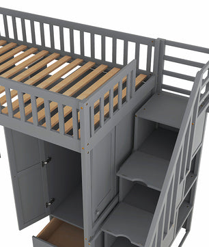 Bunk Beds Twin Size Loft Bed With Bookshelf Drawers Desk And Gray Wardrobe F413 - Lusy Store