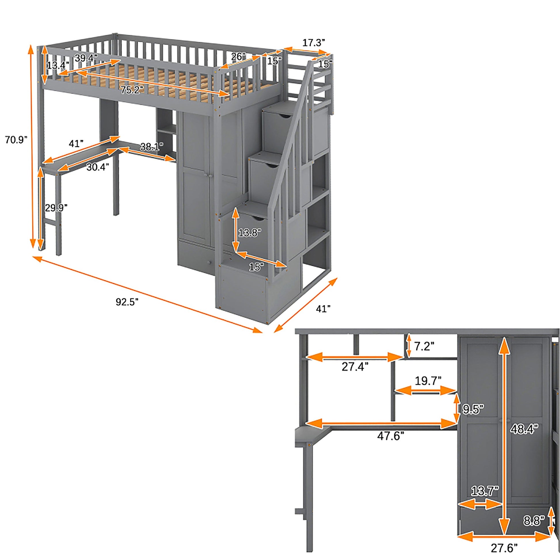 Bunk Beds Twin Size Loft Bed With Bookshelf Drawers Desk And Gray Wardrobe F413 - Lusy Store