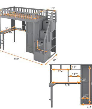 Bunk Beds Twin Size Loft Bed With Bookshelf Drawers Desk And Gray Wardrobe F413 - Lusy Store