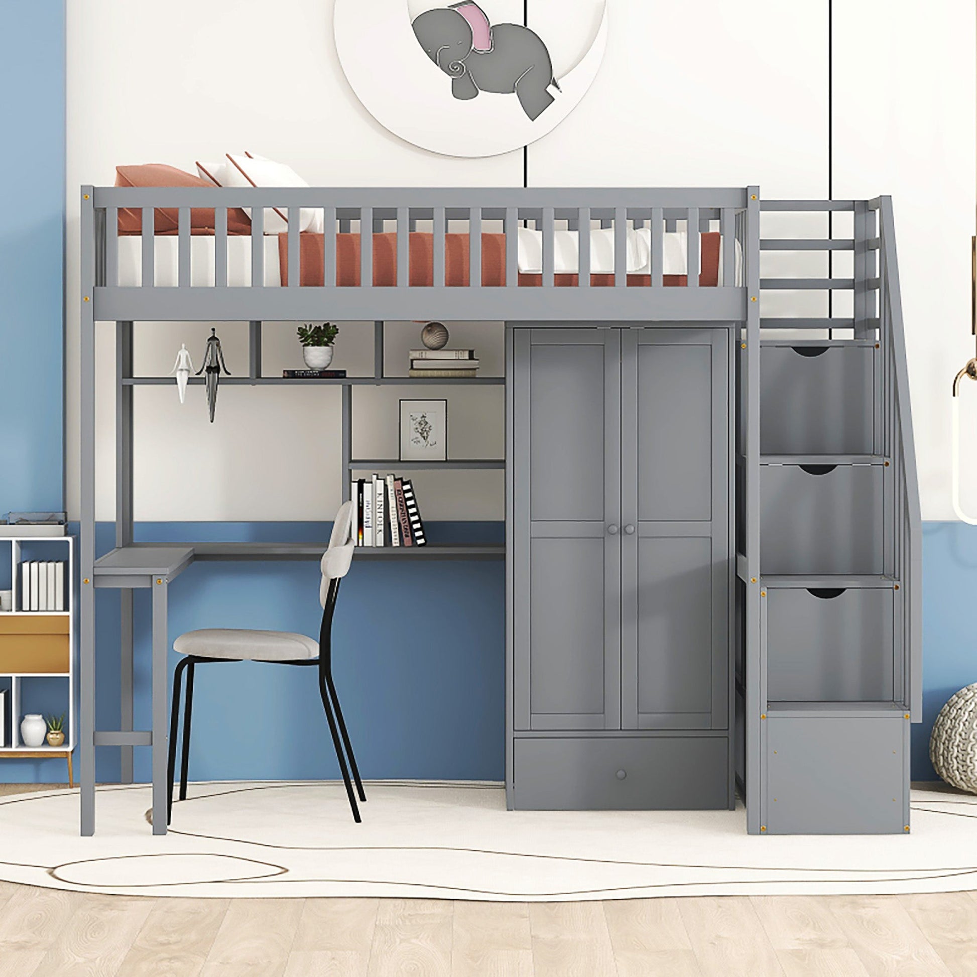 Bunk Beds Twin Size Loft Bed With Bookshelf Drawers Desk And Gray Wardrobe F413 - Lusy Store