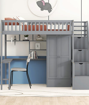 Bunk Beds Twin Size Loft Bed With Bookshelf Drawers Desk And Gray Wardrobe F413 - Lusy Store