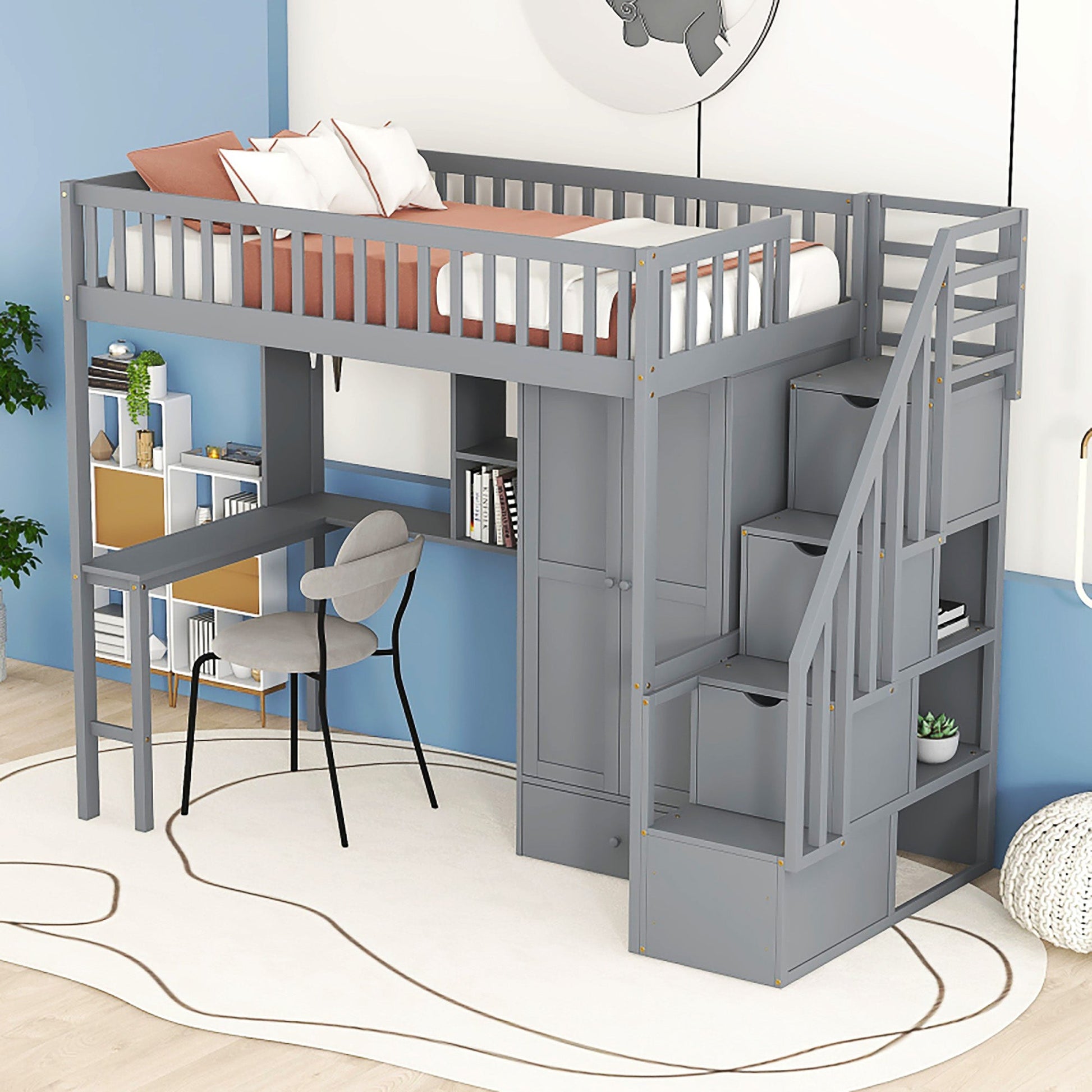 Bunk Beds Twin Size Loft Bed With Bookshelf Drawers Desk And Gray Wardrobe F413 - Lusy Store