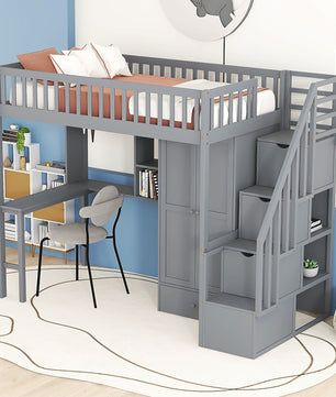 Bunk Beds Twin Size Loft Bed With Bookshelf Drawers Desk And Gray Wardrobe F413 - Lusy Store