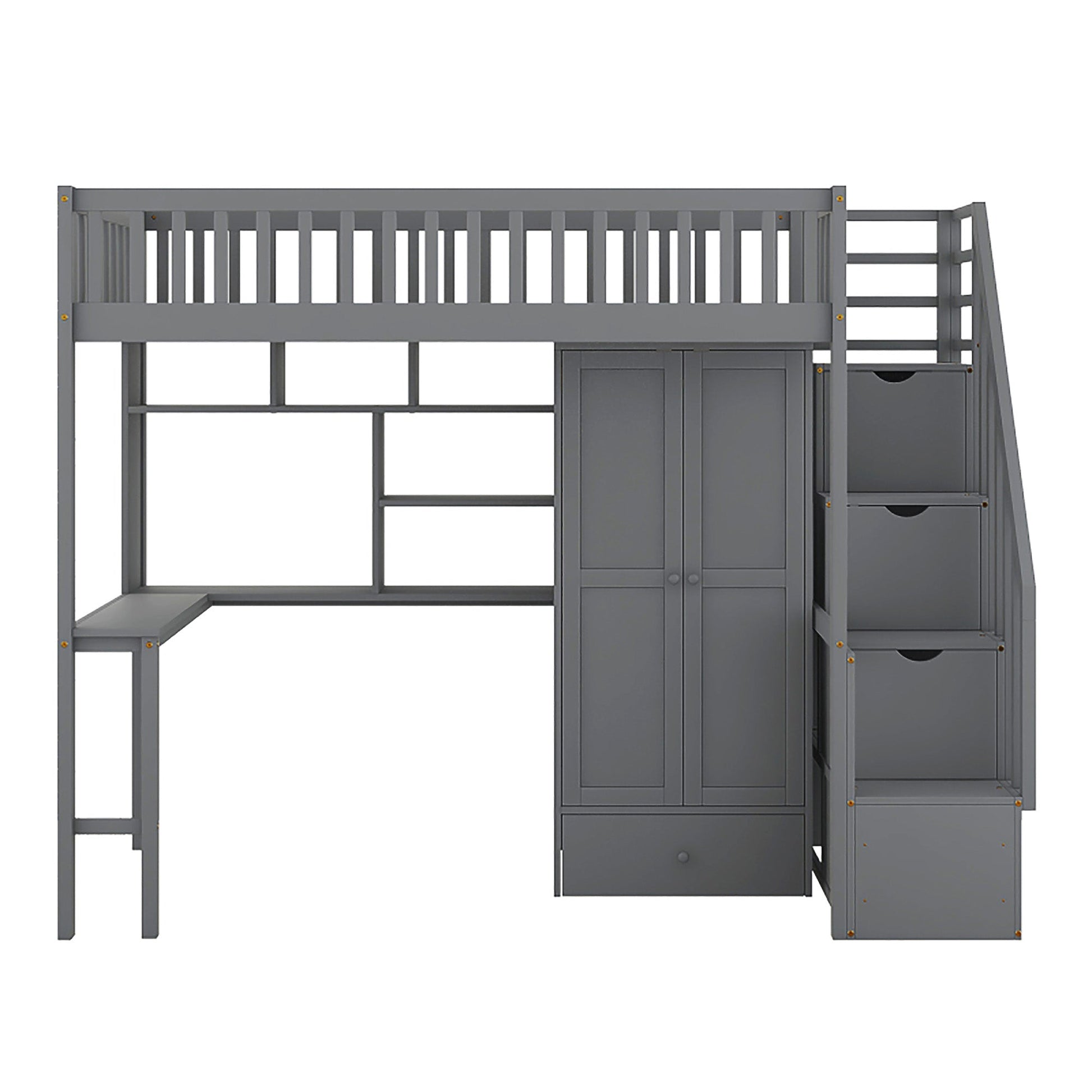 Bunk Beds Twin Size Loft Bed With Bookshelf Drawers Desk And Gray Wardrobe F413 - Lusy Store