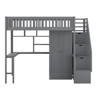 Bunk Beds Twin Size Loft Bed With Bookshelf Drawers Desk And Gray Wardrobe F413 - Lusy Store