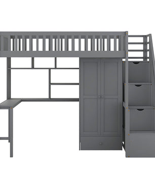 Bunk Beds Twin Size Loft Bed With Bookshelf Drawers Desk And Gray Wardrobe F413 - Lusy Store
