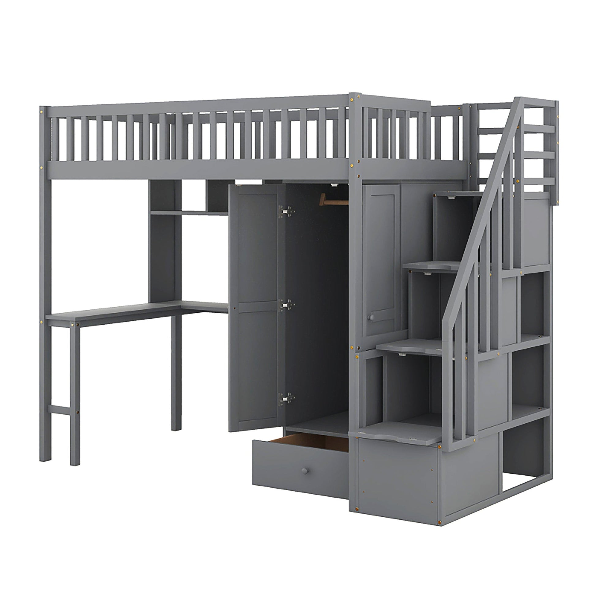 Bunk Beds Twin Size Loft Bed With Bookshelf Drawers Desk And Gray Wardrobe F413 - Lusy Store