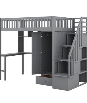 Bunk Beds Twin Size Loft Bed With Bookshelf Drawers Desk And Gray Wardrobe F413 - Lusy Store